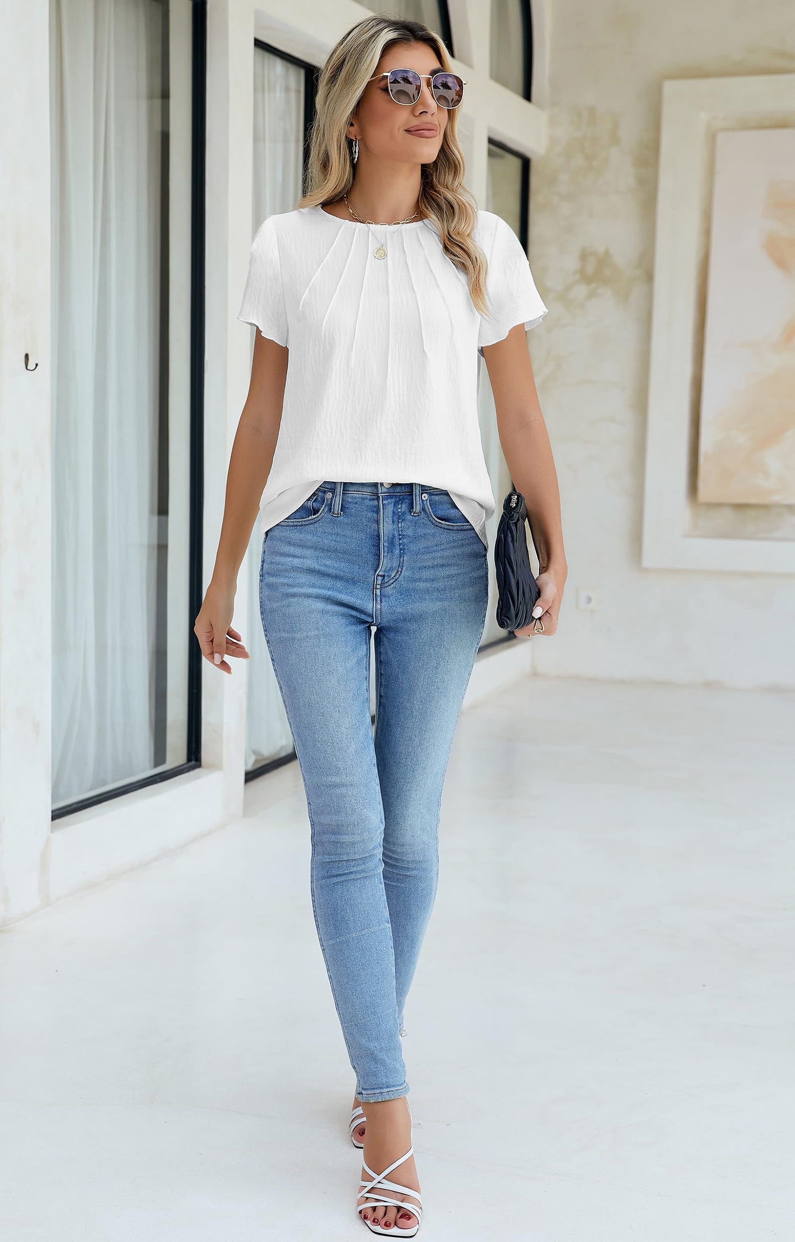 Fantaslook Pleated Blouses for Women Dressy Casual Tops Business Work Shirts Ruffle Sleeve Crew Neck Summer Outfits
