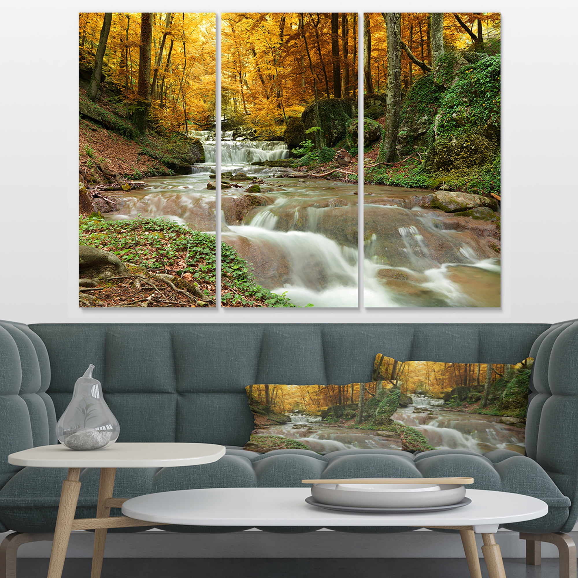 Designart 'Forest Waterfall with Yellow Trees ' Large Landscape Canvas Art Print