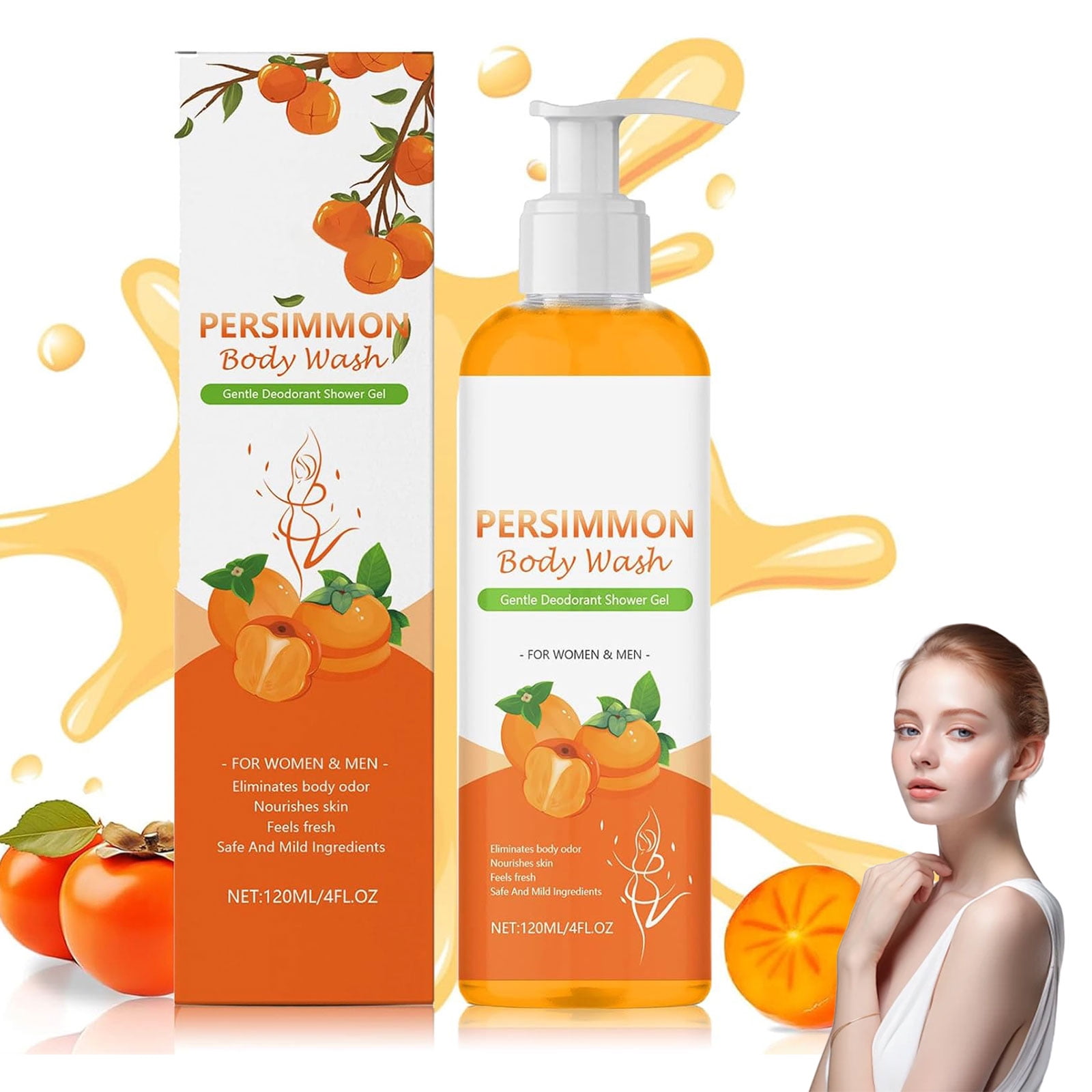 Persimmon Body Wash for Strong Odor Control – Natural Liquid Soap for Old People Smell & Smelly Feet, Gentle Deodorizing Shower Gel for Women & Men, 120ml (1PCS)