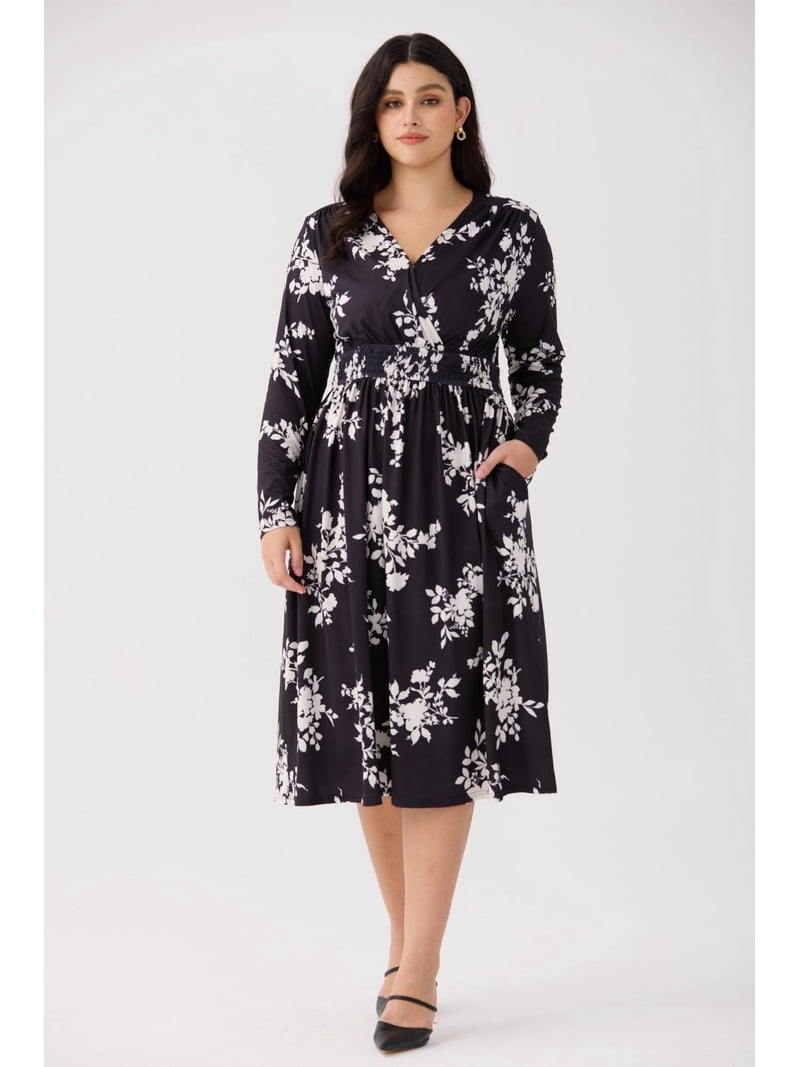 3x maxi dresses Tiyomi Plus Size Dress for Curvy Women 3x Long Sleeve Fall Black Floral Maxi Dress V Neck Adjustable Drawstring Dresses Church Wedding Guest Flowy
