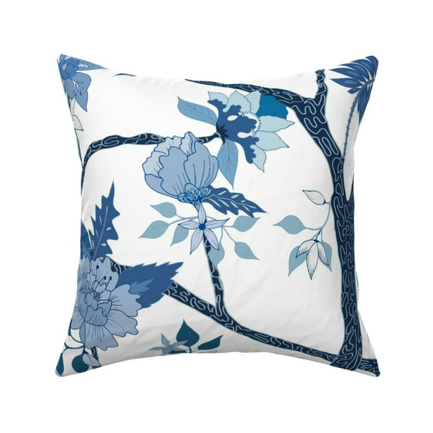 Chinoiserie Blue White Floral Throw Pillow Cover w Optional Insert by Roostery