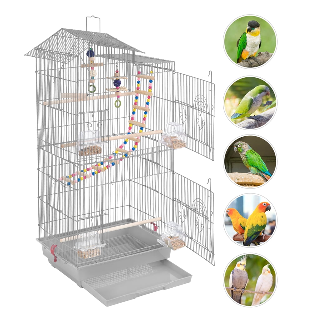 Alden Design 39"H Metal Large Roof Top Parrot Cage with Perches and Toys, Light Gray