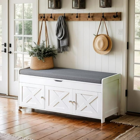 hoe Storage Bench with Cushion Seat, Tier Farmhouse Entryway Bench with Adjustable Shelf & Barn Doors, Shoe Rack for Living Room, Bedroom, Capacity, White