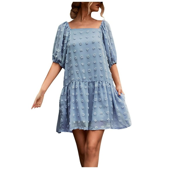 QUYUON Women Ruffle Mini Dress Summer Square Neck Short Sleeve Babydoll Dress Casual Loose A-Line Swing Tunic Dresses Beach Sundress Cocktail Party Short Dress, Blue S