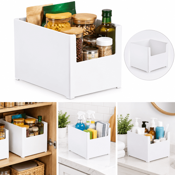 U-Shape Open Front Storage Bin, White Plastic Organizer Basket for Kitchen Pantry Cabinet, Bathroom, Household Sundry Container, 8.3"L x 5.5"W x 6"H