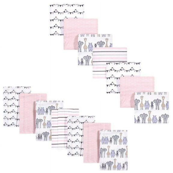 Hudson Baby Infant Girl Cotton Flannel Burp Cloths and Receiving Blankets, 14-Piece, Pink Safari, One Size