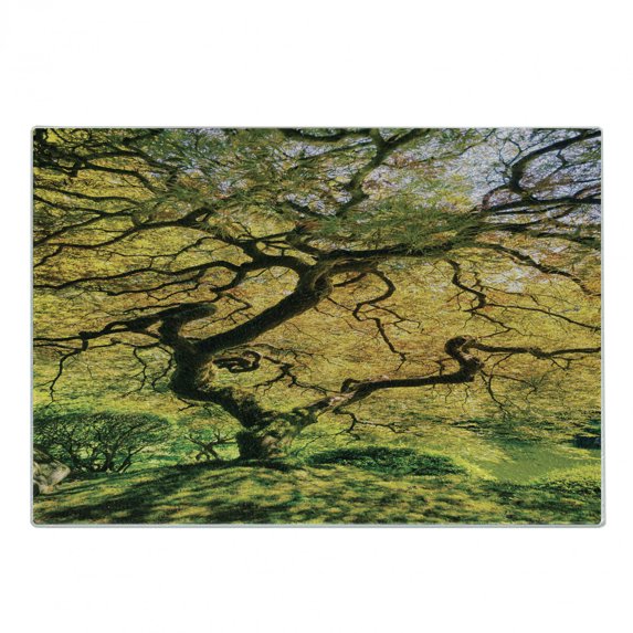 Japanese Cutting Board, Shadows of Large Maple Along with River with Sun Rays Fall Season Nature Theme, Decorative Tempered Glass Cutting and Serving Board, Small Size, Green Yellow, by Ambesonne
