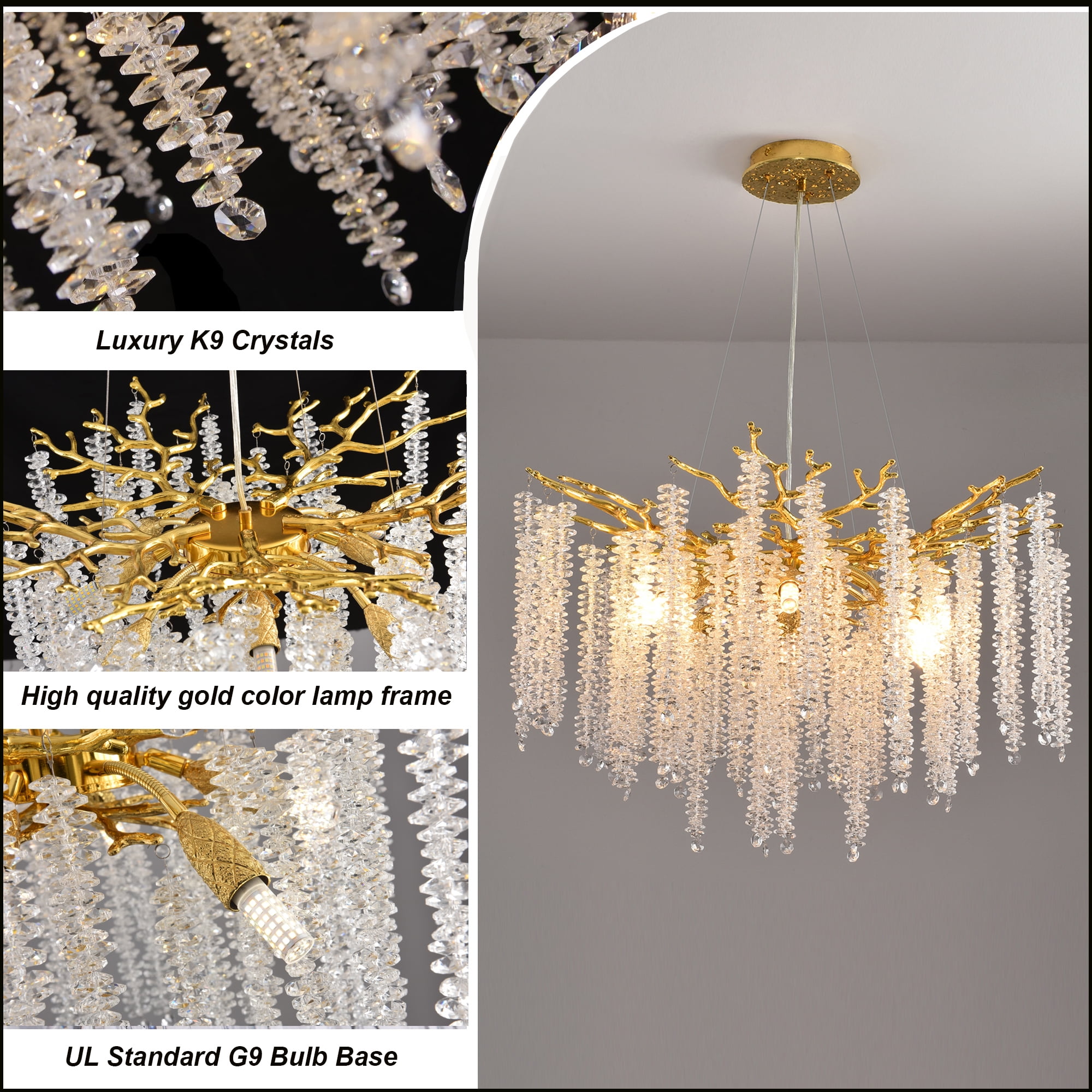 ULPEMTL Modern Crystal Tree Branch Chandeliers Gold for Dining Room Bedroom Room 30.5 inch Ceiling Hanging Light