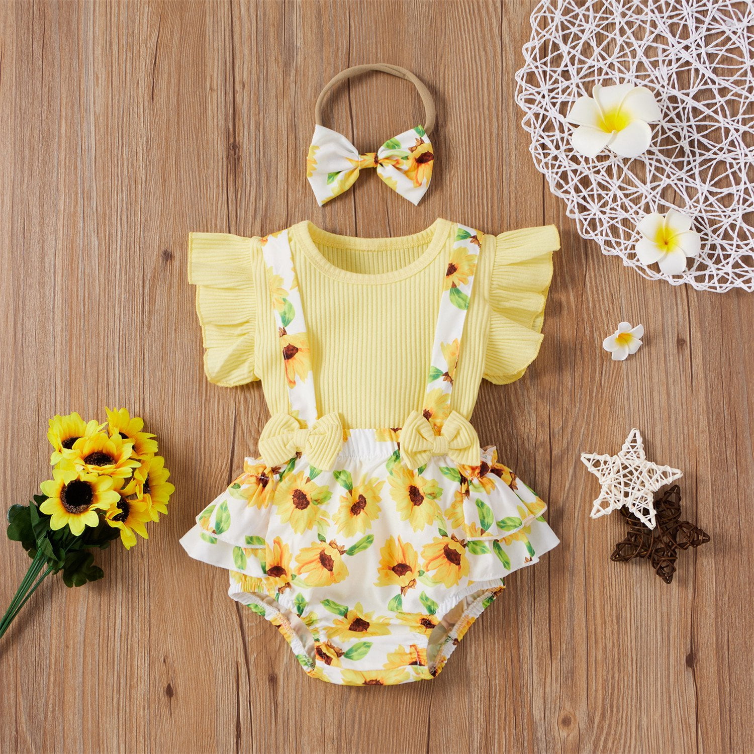 Izhansean 3PCS Newborn Baby Girl Summer Clothes Floral Romper Jumpsuit Shorts Outfits Set Yellow 3-6 Months