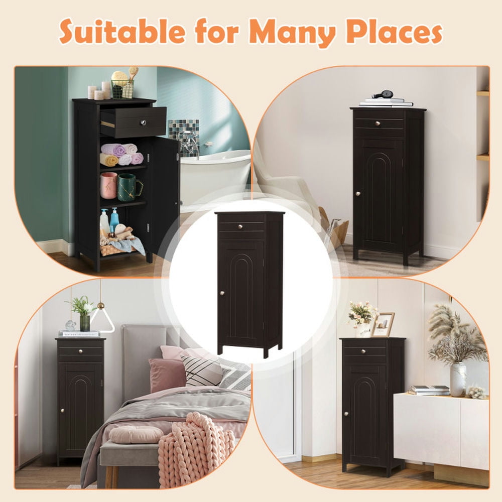 Finihen Storage Cabinet, Floor Cabinet, Wooden Storage Free-Standing Floor Cabinet with Drawer and Shelf, for Bathroom, Living Room, Bedroom, Kitchen, Brown