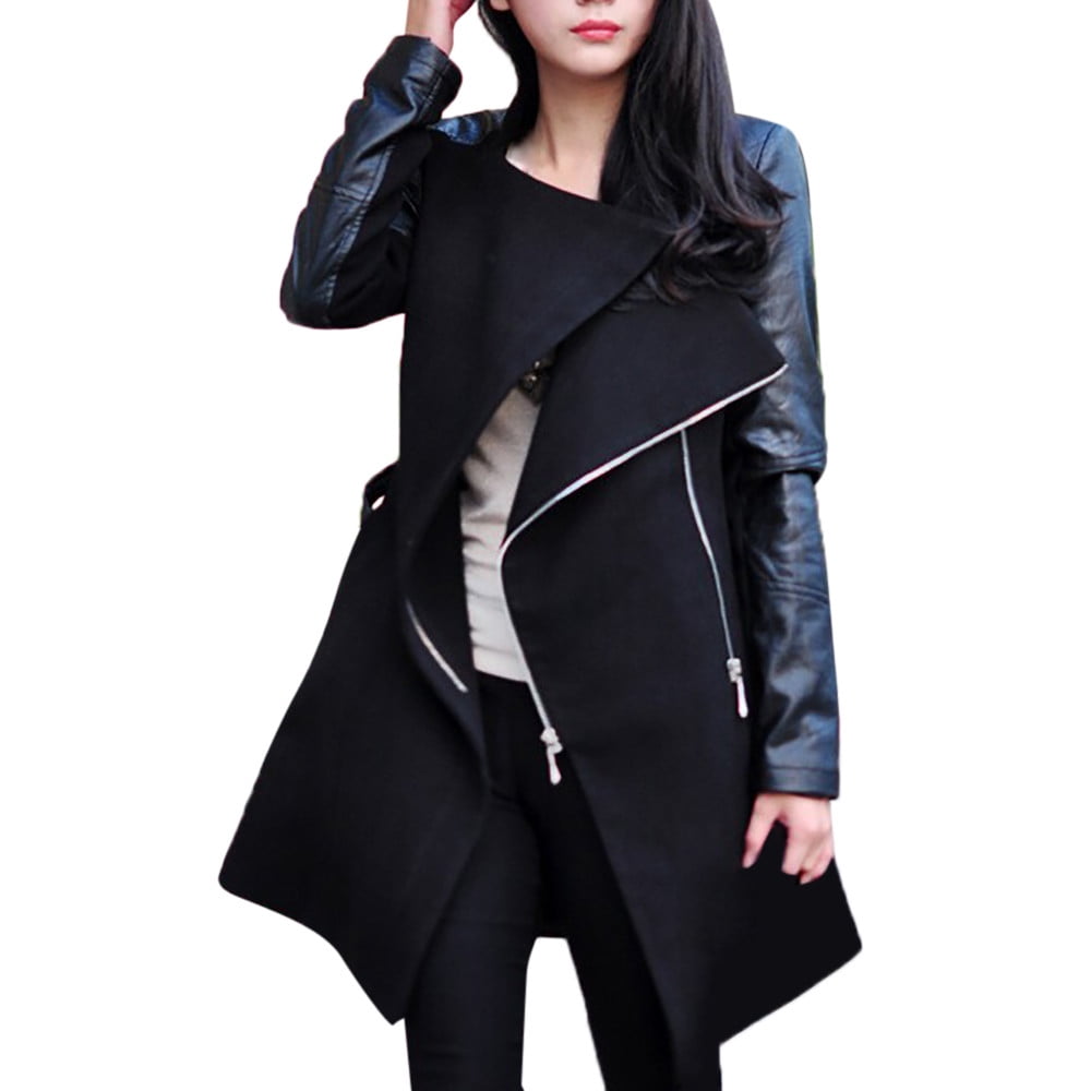 Winter Warm Women Woolen Leather Patchwork Long Coat Jacket Overcoat Outwear US 