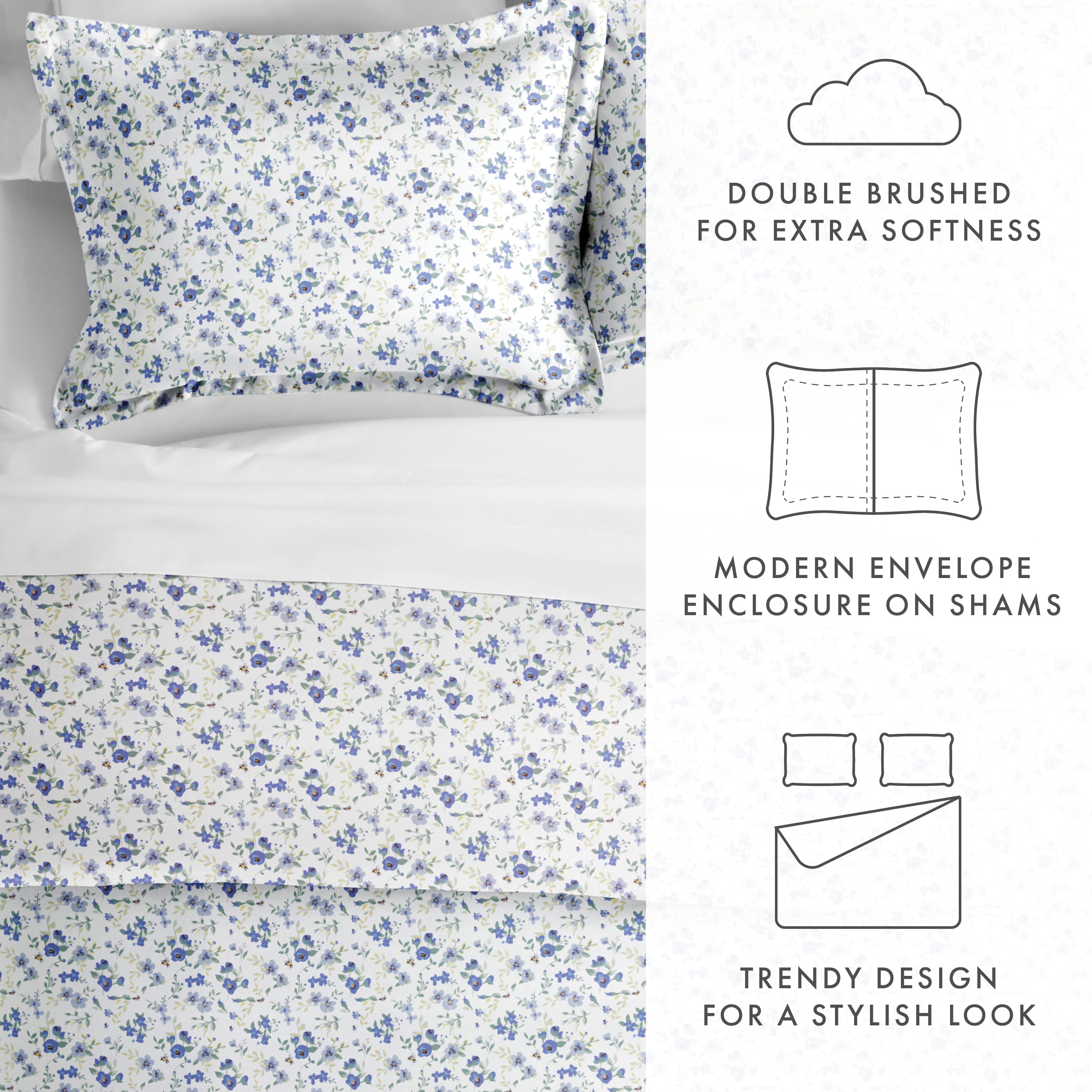 Noble Linens Light Blue Blossoms Print 2-Piece Duvet Cover Set, Twin/TwinXL