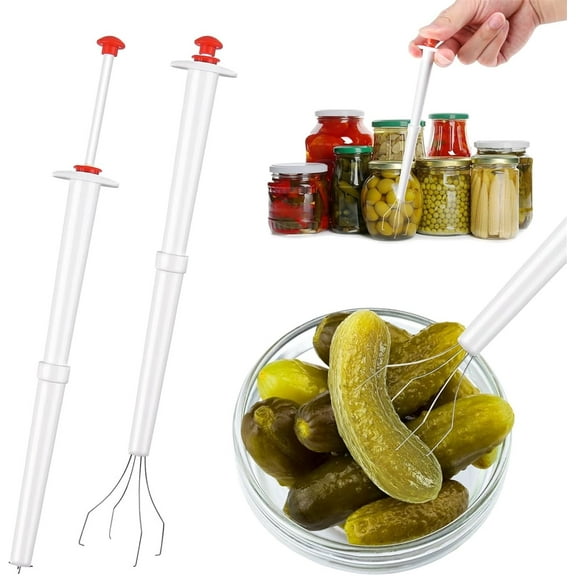 2 Pack Stainless Steel and Plastic Pickle Pincher, GIXUSIL 8 inch Deluxe Pickle Grabber Tool, Extendable Pickle Clamp Clip Jar Fork for Kitchen Food Olive Pepper Small Cucumber, White