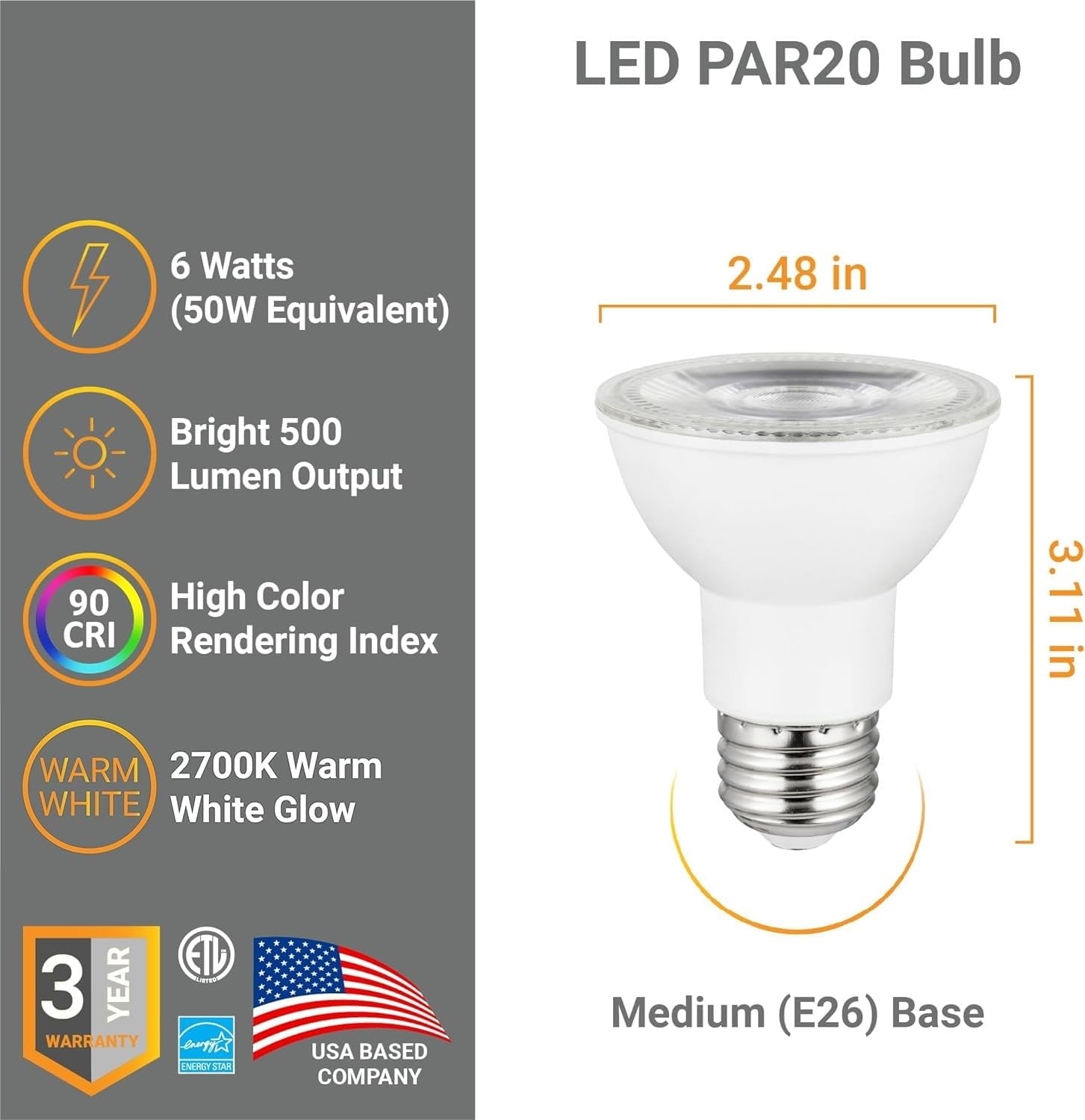 Diodesy- Pack of 4 PAR20/LED/8W/CRI90/27K PAR20 LED Long Neck Spotlight Bulbs, 6 Watts (50W Halogen EQ), 2700K Warm White, CRI90, E26 Dimmable Indoor Outdoor Home Residential Wide Area Flood Light, UL