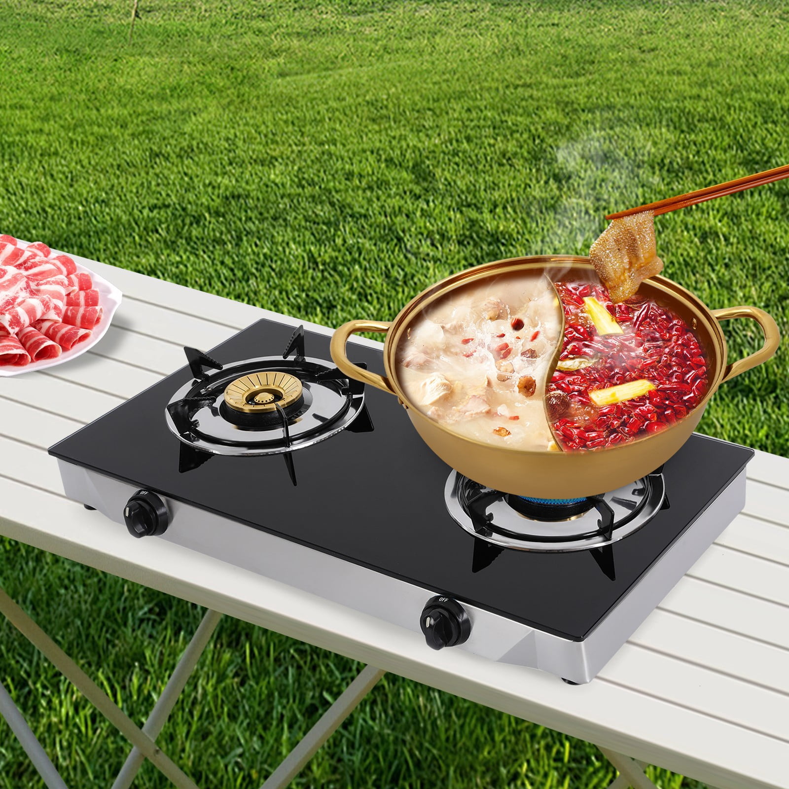 1 PCS Black Gas Stove, 2 Burners  Gas Stove, Portable Gas Stove, Power: 3.5KW(Left), 3.5KW(Right)