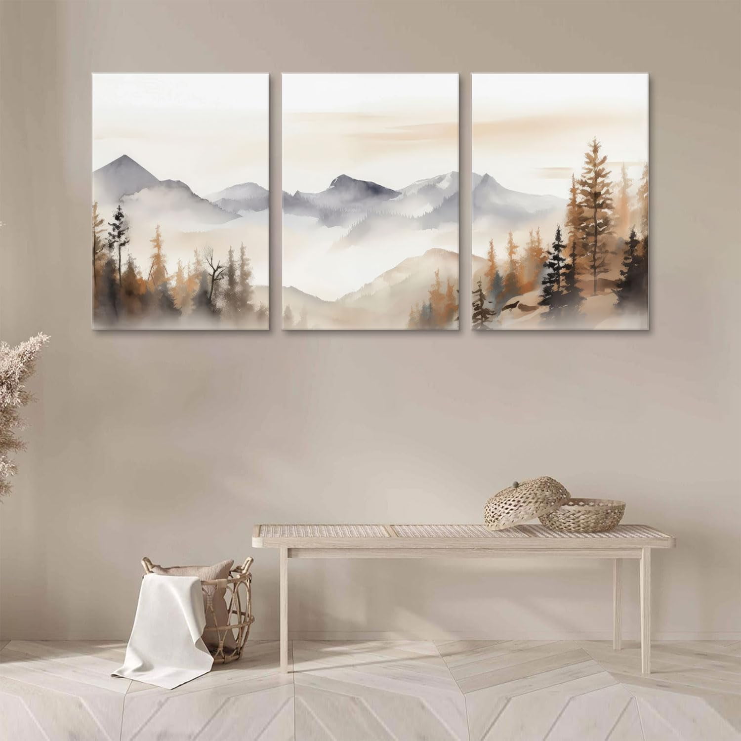Mountain Wall Art,Mountain Wall Decor,Neutral Landscape Canvas Wall Art, Forest Painting Prints Set of 3 Nature Watercolor Picture Poster for Living Room Bedroom Bathroom 12"x16" Framed