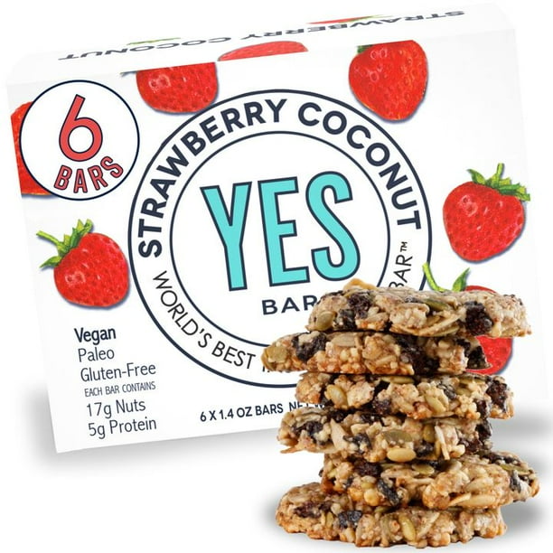 YES Bar, Vegan Grain Free Snack Bar, Strawberry Coconut, 6 Ct, 8.4 Oz