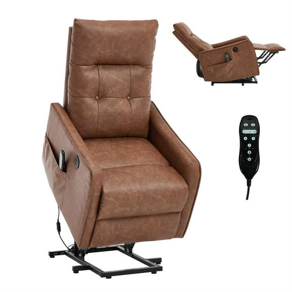 Spaco Brown PU Power Lift Recliner for Elderly - Single Motor Massage & Heat, USB Port & 155° Recline