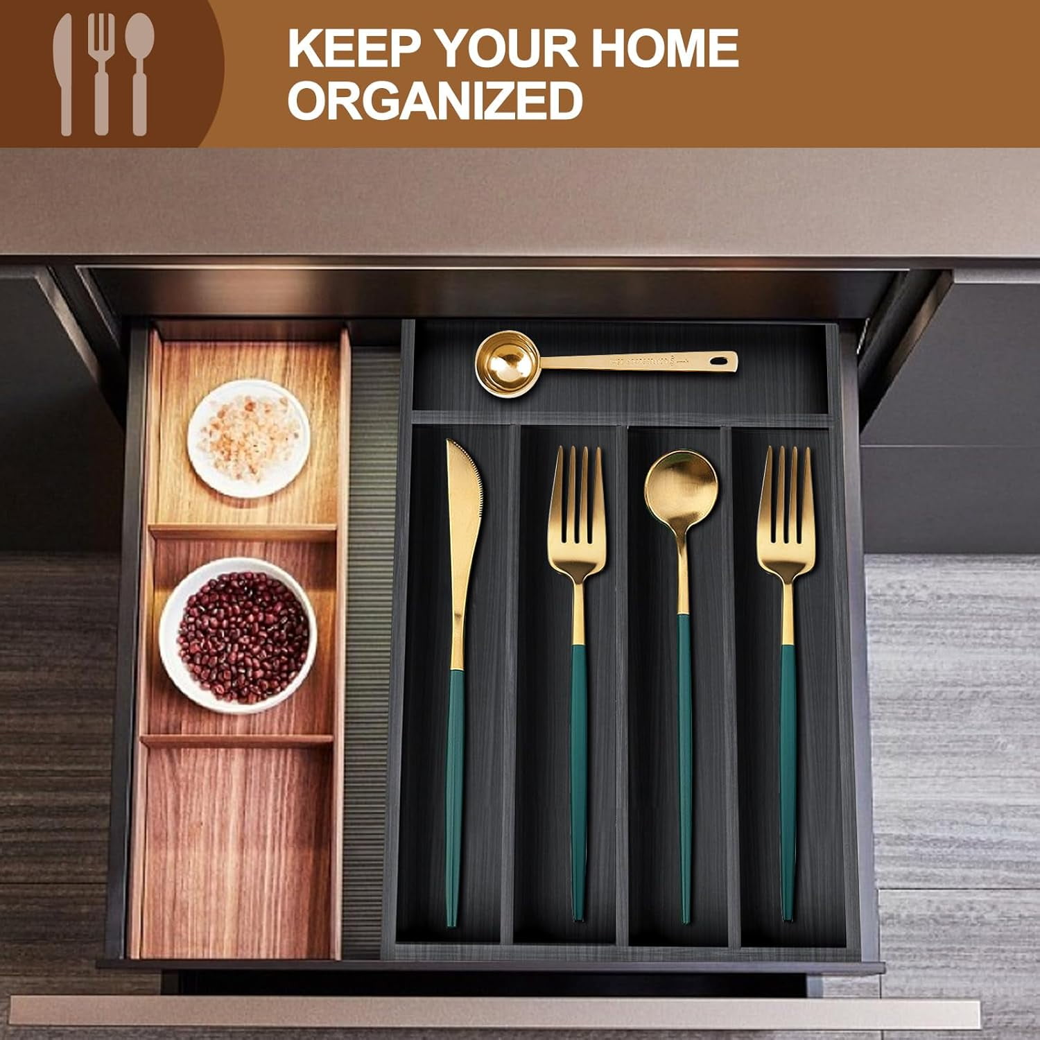 Small Cutlery Tray Narrow Wooden Silverware Organizer 12"x6.7" Spoon Kitchen Utensil Holder for Drawer Divider Bamboo Cutlery Drawer Organizers Storage Black Wood Silverware Tray Flatware Organizer