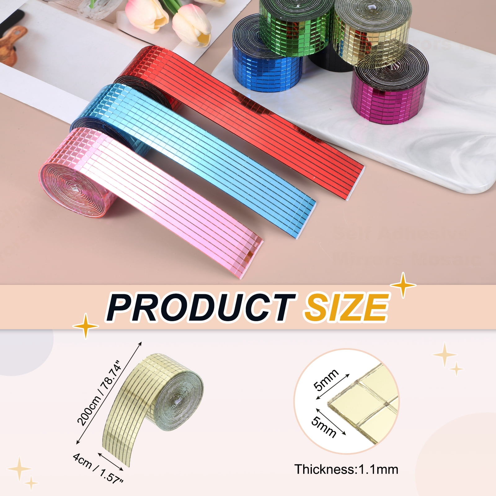 Uxcell 5x5mm Self Adhesive Mirrors Mosaic Tiles, 6400 Pcs Square Mini Glass Mosaic Disco Tile Sticker for DIY Craft Disco Ball Party Decoration, Gold Tone