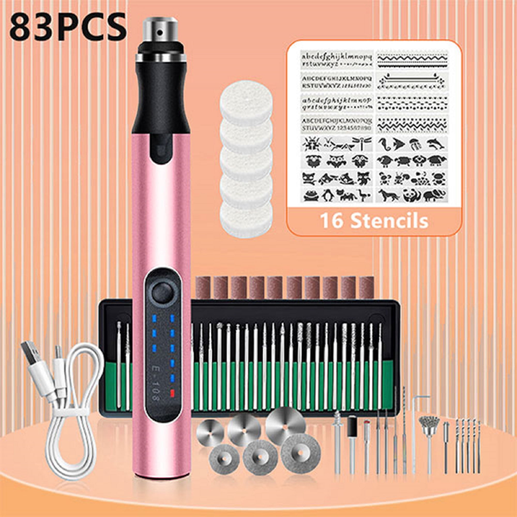JENABOM Pink 83 in 1 Engraving Pen Kit, Engraving Pen, Cordless Rotary Tool, USB Rechargeable , for Jewelry, Wood, Metal Stone Polishing,DIY