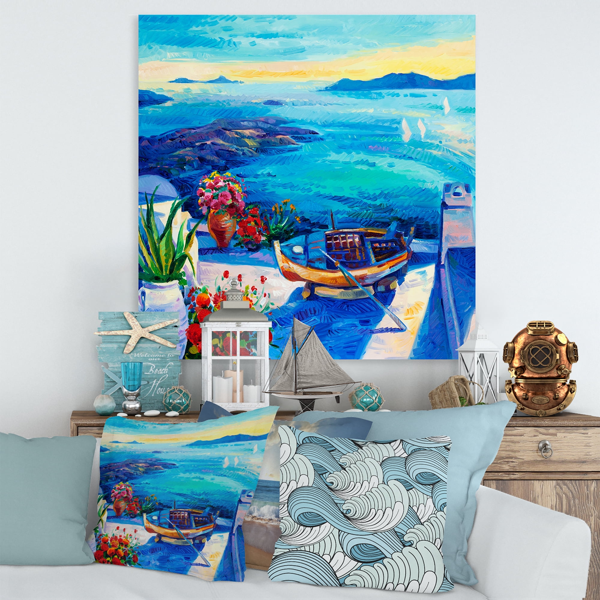 Designart ' Little Red Flowers With Sea View ' Nautical & Coastal Canvas Wall Art Print
