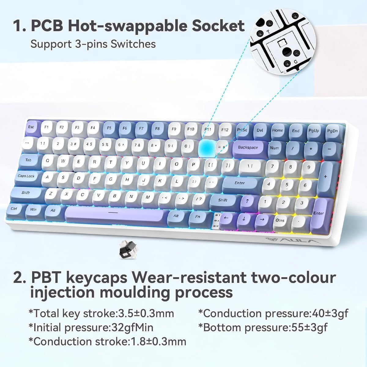 Aula S100 Pro Wireless Gaming Keyboard, BT5.0/2.4GHz/USB-C, Hot Swappable Mechanical with Numpad, Creamy Thocky Sound