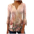 thumbnail image 1 of Pompotops Women's Casual Trumpet 3/4 Sleeve Printed Buttoned Basic Ruched Tops Pleated T-shirts Blouses Clearance, 1 of 5