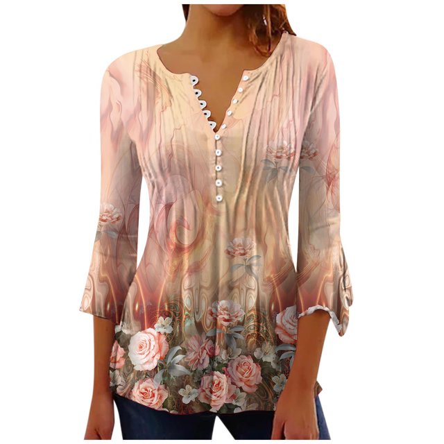 Pompotops Women's Casual Trumpet 3/4 Sleeve Printed Buttoned Basic Ruched Tops Pleated T-shirts Blouses Clearance