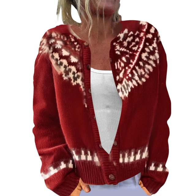 LMKIHUSA Chandails en Tricot à Boutons pour Femmes 2025 Tenues Mode Automne Hiver Vintage Fair Isle Col Rond Cardigans Confortables 2025 Rouge,TTG