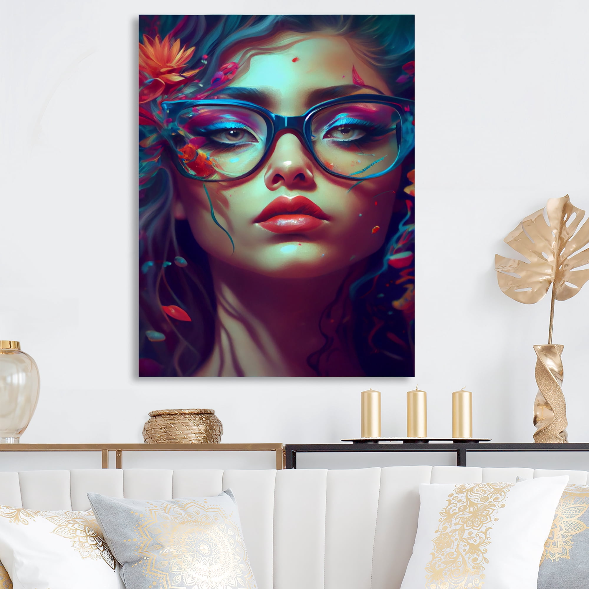 Designart Blue Attractive Woman With Flowers III Canvas Wall Art