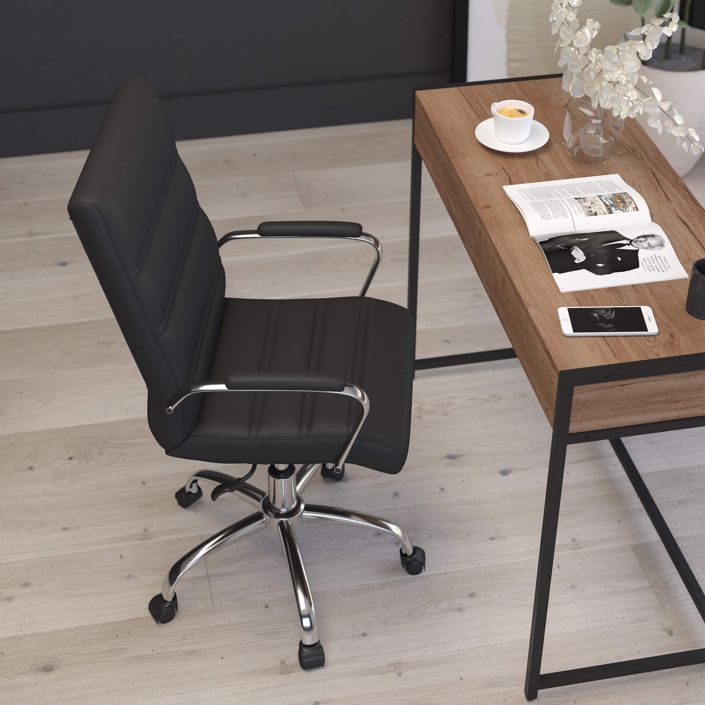Merrick Lane Contemporary Mid-Back Black Faux Leather Home Office Chair with Padded Chrome Arms
