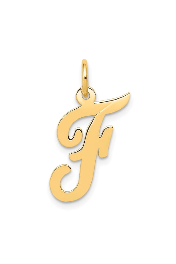 Designer 14K Yellow Gold Medium Script Initial F Charm (Length=19) (Width=10 To 13) Made In United States -Jewelry By Sweet Pea Creations