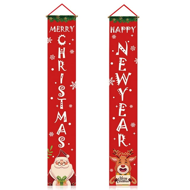 2 PCS Couplets Christmas Porch Front Door Hanging Banners Outdoor Flags Signs Holiday Decor for Home