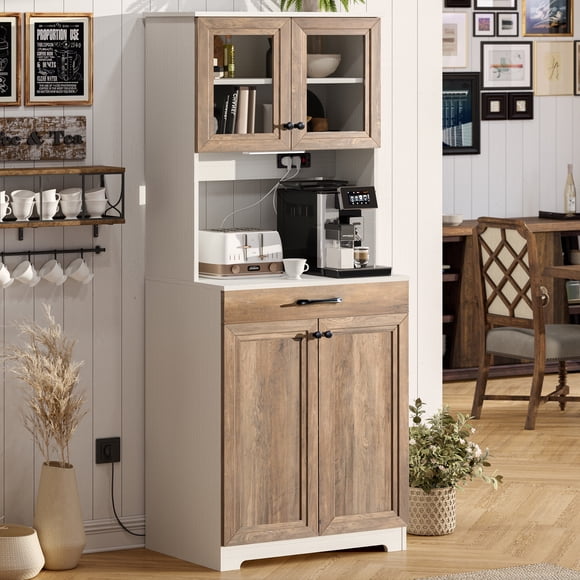 Kitchen Pantry Cabinet, 66" Tall Kitchen Hutch Storage Pantry, Freestanding Buffet with Shelves and Glass Doors for Home Dining Room