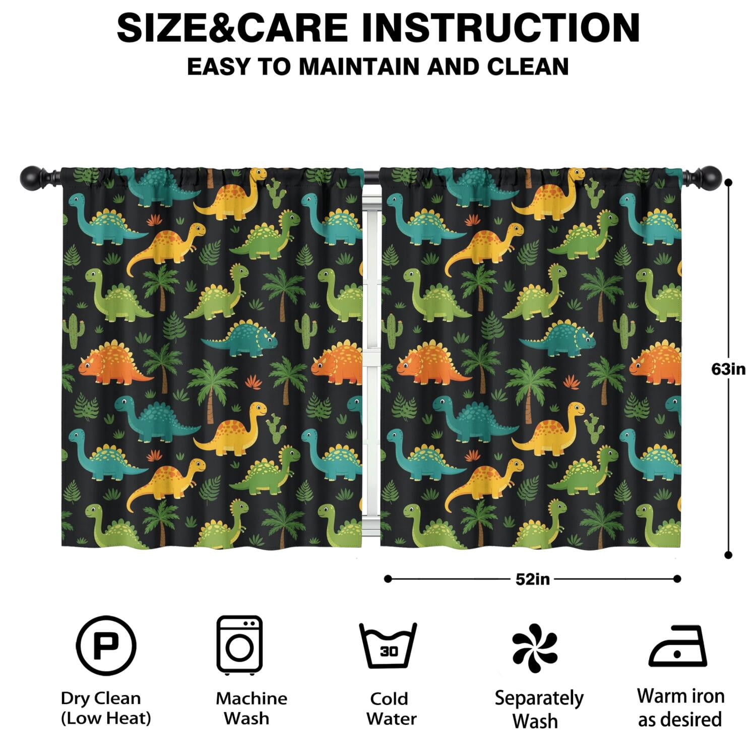 Blackout Kids Curtains,Black Colorful Dinosaurs Pattern Childrens Insulated Curtains Set Of 2,Bedroom Essentials,Toddler Room Decor 52"x63"