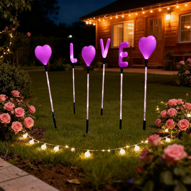 Luces solares LED para jardín, paquete de 6 | Decoración para exteriores, de plástico rojo y rosa, impermeables, para patio | Carga automática | Guirnalda de luces decorativas navideñas