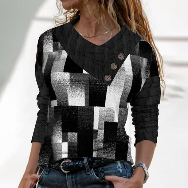 Puntoco Mujeres Casual Cruz Skew Collar Botones Impreso Blusa de manga larga Camiseta tops Puntoco Puntoco-7307