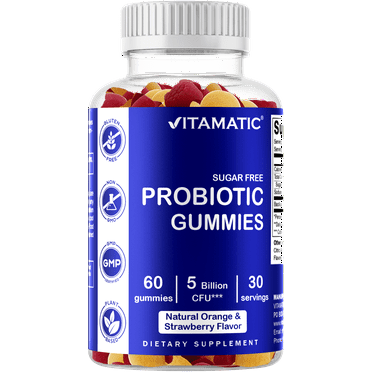 Vitamatic Probiotic Sugar Free Gummies for Men and Women 5 Billion CFUs - Digestive, Immune & Gut Health - Gluten FreeVitamatic Probiotic Sugar Free Gummies for Men and Women 5 Billion CFUs - Digestiv