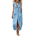 thumbnail image 2 of Guieoi Summer Dresses for Women under $10 Plus Size V-Neck Solid-Color Casual Sleeveless Long Dress with Pockets Blue S, 2 of 7
