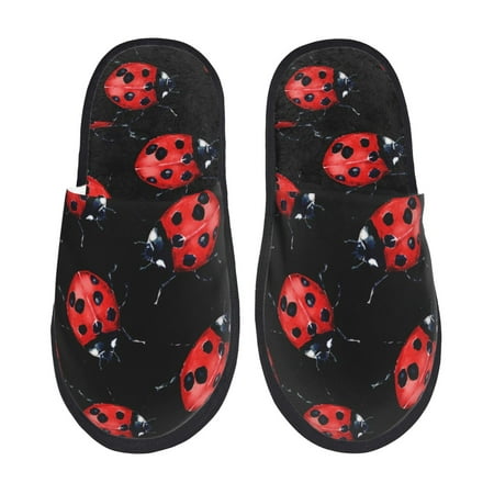 Balery Beautiful Red Ladybug Slient Indoor Furry Fleece Comfort House Shoes Soft Non-Slip Home Shoes Cotton slippers House Slippers-- Large