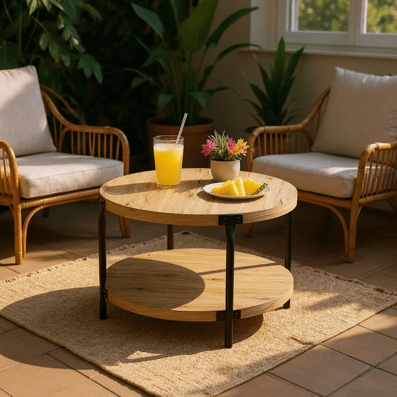 Homy Casa Round 2-Tier Coffee Table with Storage Shelf, Rustic Wood Finish, Black Iron Legs