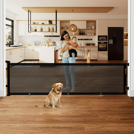 Retractable Gate, Mesh Extra Wide Gate to Prevent from Crawling Underneath, 34" Tall, Extends up to 140" Wide, Mesh Dog Gate for Garage, Play Area, Deck, Indoor/Outdoor