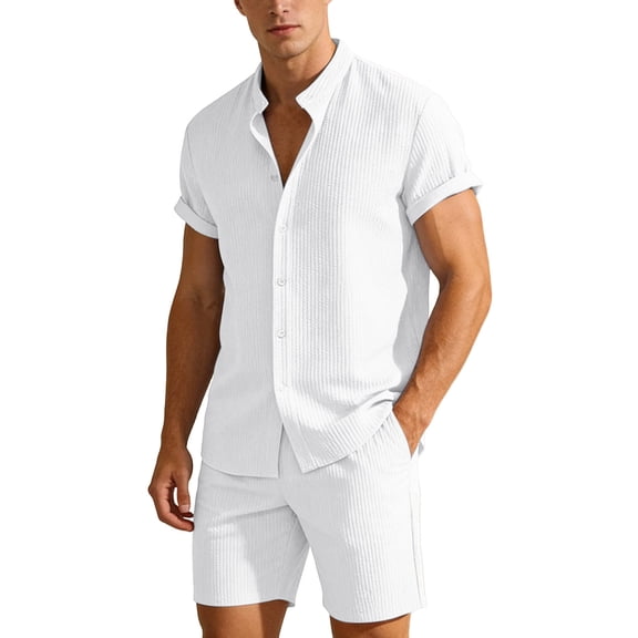 IWRICH Men's Two Piece Outfit Shorts Casual Short Sleeve Button down Shirt and Beach Shorts Set Summer Vacation Outfits White XL