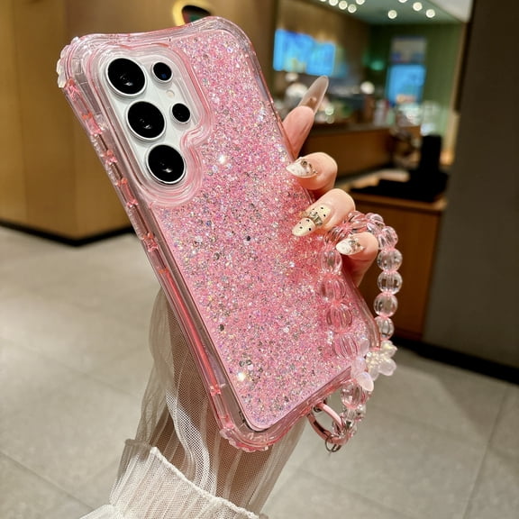 For Samsung Galaxy S26 Ultra Phone Case,3-in-1 Heavy Duty Protection,with Beaded Wrist Strap,Cute Shiny Bling Glitter Sparkle Back,Full Corner Drop Protection Shockproof Hybrid Phone Case,Pink