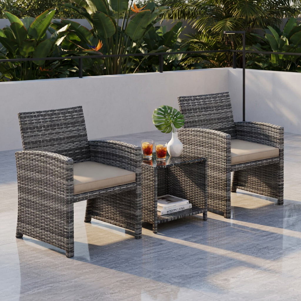 Hommoo 3-Piece Outdoor Patio Furniture Set, PE Rattan Sofa Chairs with Tempered Glass Coffee Table, Weather-Resistant Wicker for Porch, Poolside & Backyard, White