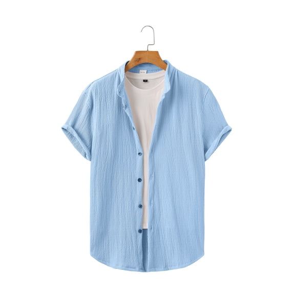 Mens Short Sleeve Button Down Tropical Shirt Band Collar Beach Summer Casual Textured Top, Regular Fit Lightweight Breathable Yoga Hippie Retro Old Money Style Shirts for Vacation