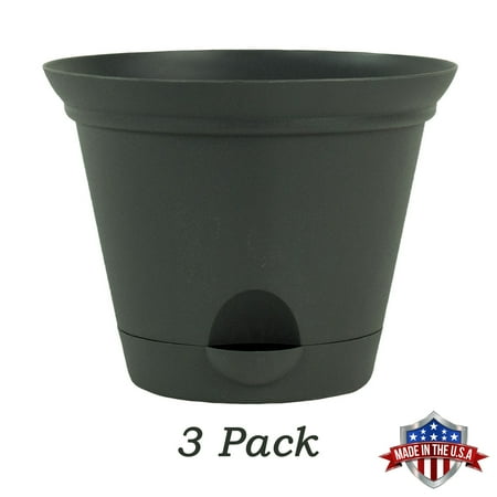 Plastic Flower Planters 3 Pack 9.5 Inch Flat Gray Plastic Self Watering Flare Flower Pot or Garden Planter ()