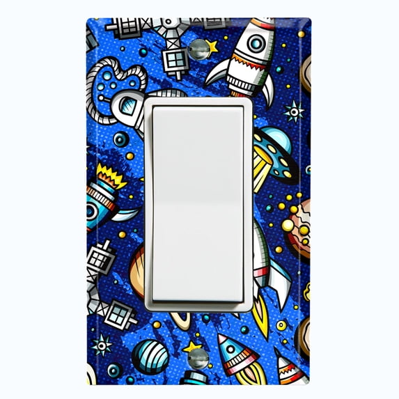 Metal Light Switch Wall Plate Outlet Cover (Spaceship UFO Astronaut Rocket Outerspace Star Blue - Single Rocker)