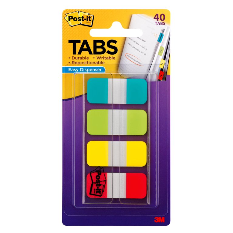 Post-it Tabs, 1 in Solid, Aqua, Yellow, Pink, Red, Green, Orange, 6/Color